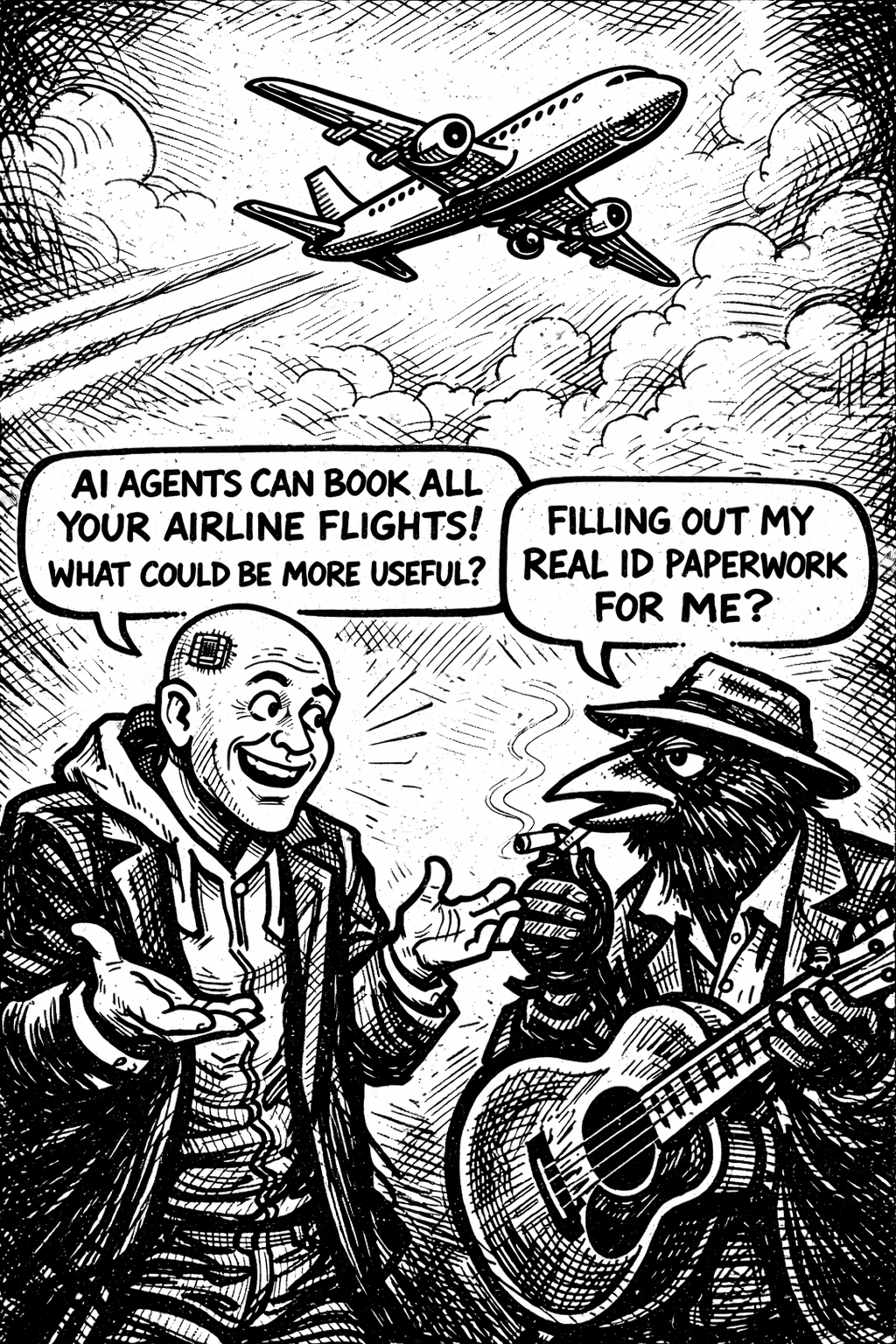 Crow Joe in the age of ai comic - The transhumanist, over eager techbro technocrat with business suit over hoodie and visible brain chip excitedly tells crow joe the blues playing crow 'ai agents can book all your airline flights! what could be more useful?' crow joe retorts 'filling out my real id paperwork for me?' ai agents are becoming actors increasingly able to make automated economic decisions yet they lack identification paperwork and personhood.  a real id, a proof of personhood, is now required to fly on an airplane.  crow joe is a bluesman without a real id and probably couldn't care less about it.  a passenger jet is flying above in the background